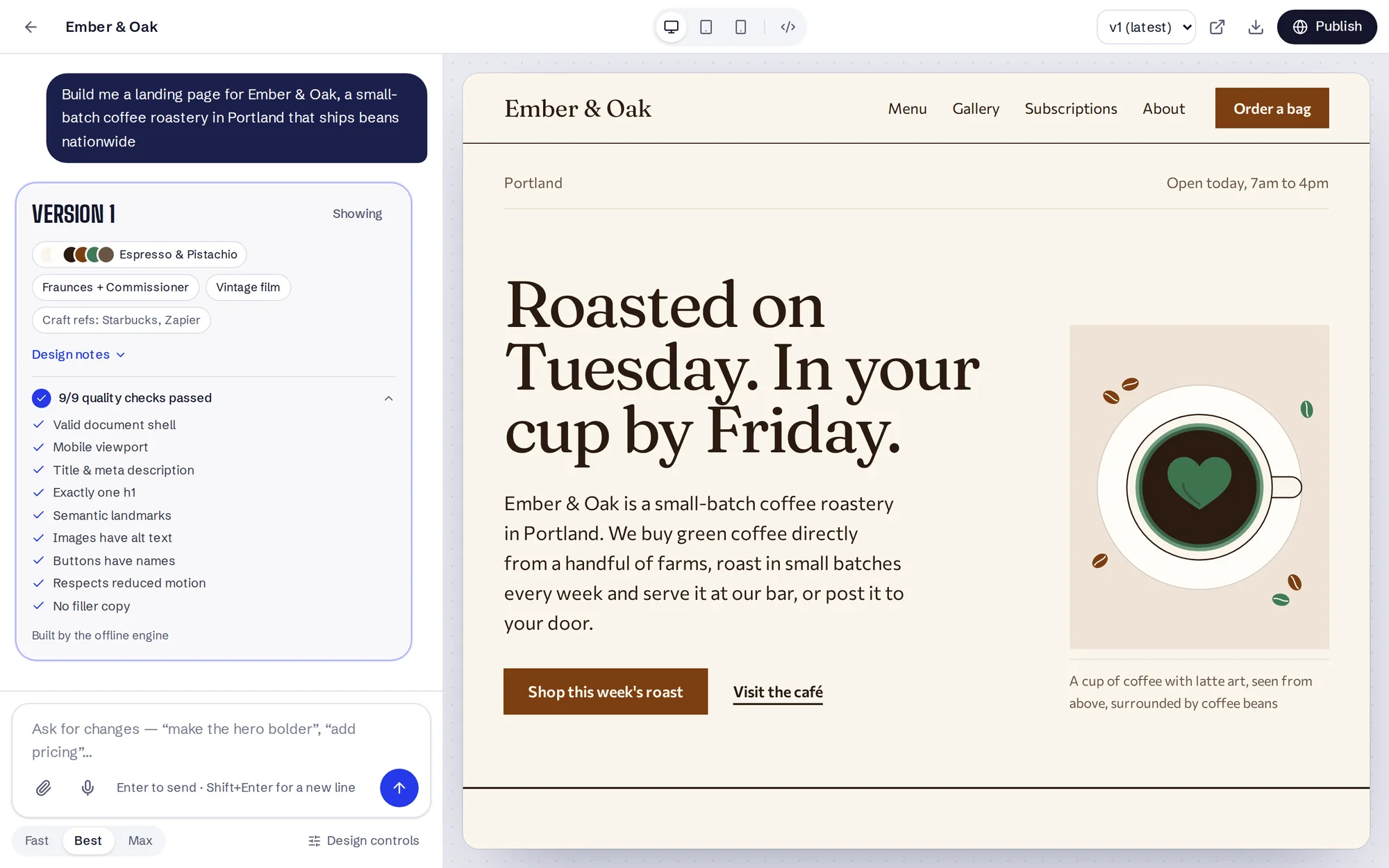 The Marquee studio: the chat with the design direction and quality checks on the left, the live page preview on the right