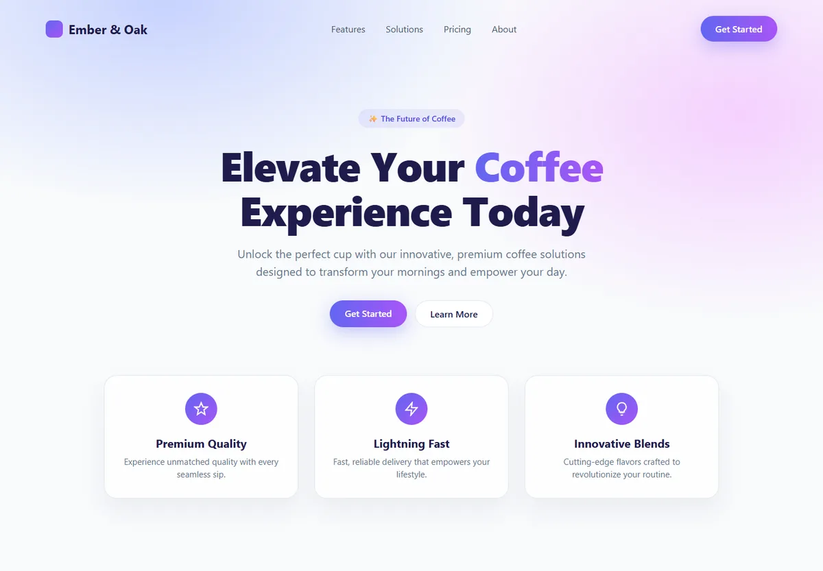 A mock-up of a generic AI landing page for the same roastery: purple gradient, centred headline “Elevate Your Coffee Experience Today”, two pill buttons and three identical icon cards