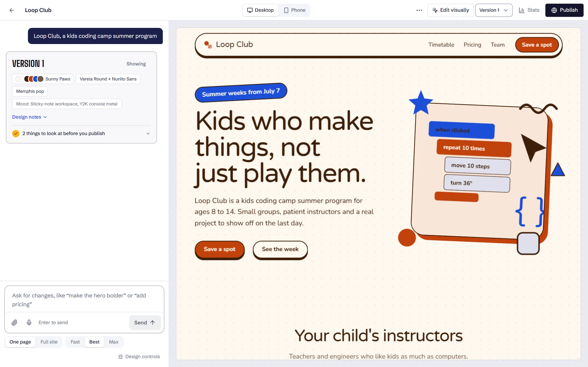 The Marquee studio: the chat with the design direction and quality checks on the left, the live page preview on the right